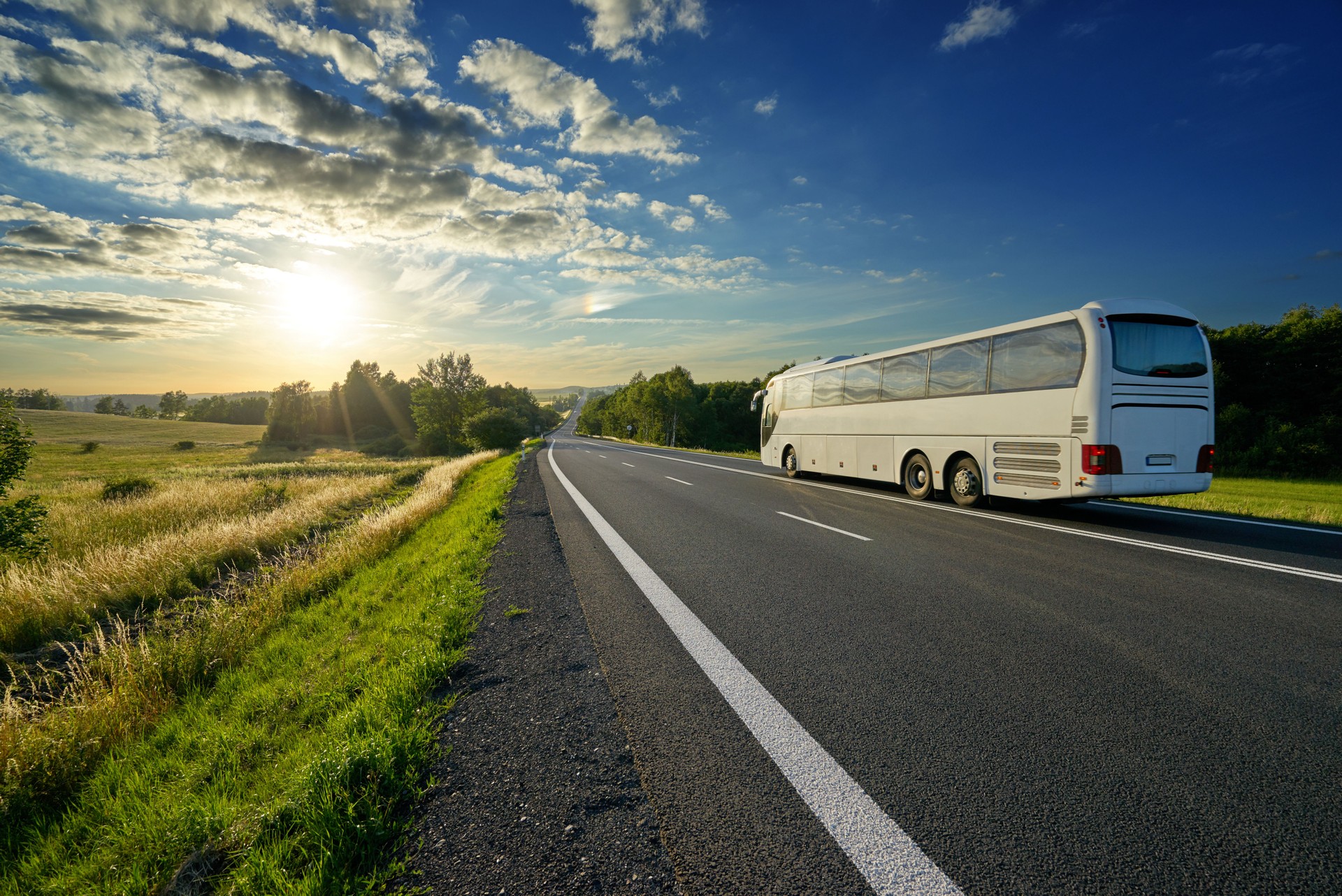White bus traveling on the asphalt road in a rural landscape at sunset