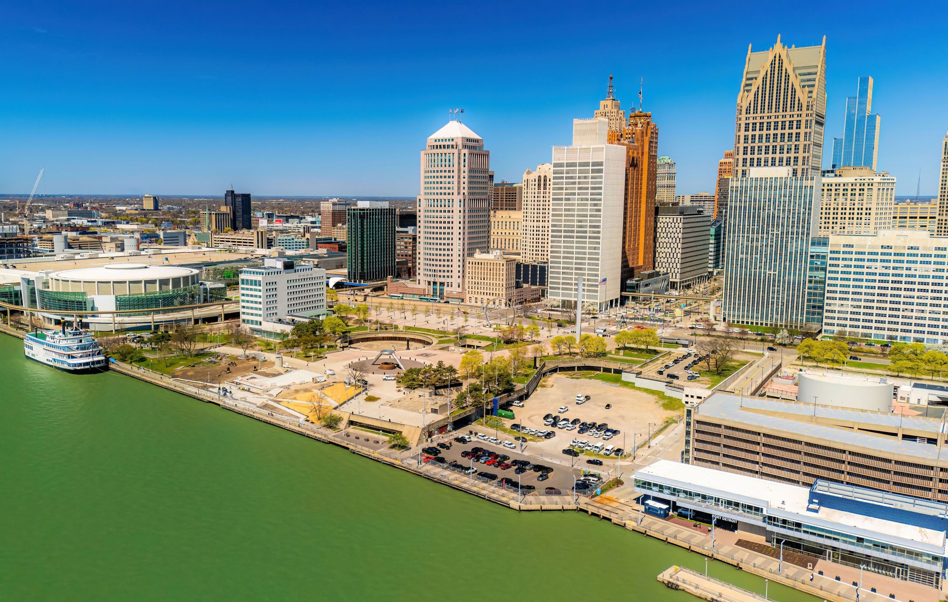 Detroit Hart Plaza Skyscrapers and Detroit Princess Riverboat Panorama