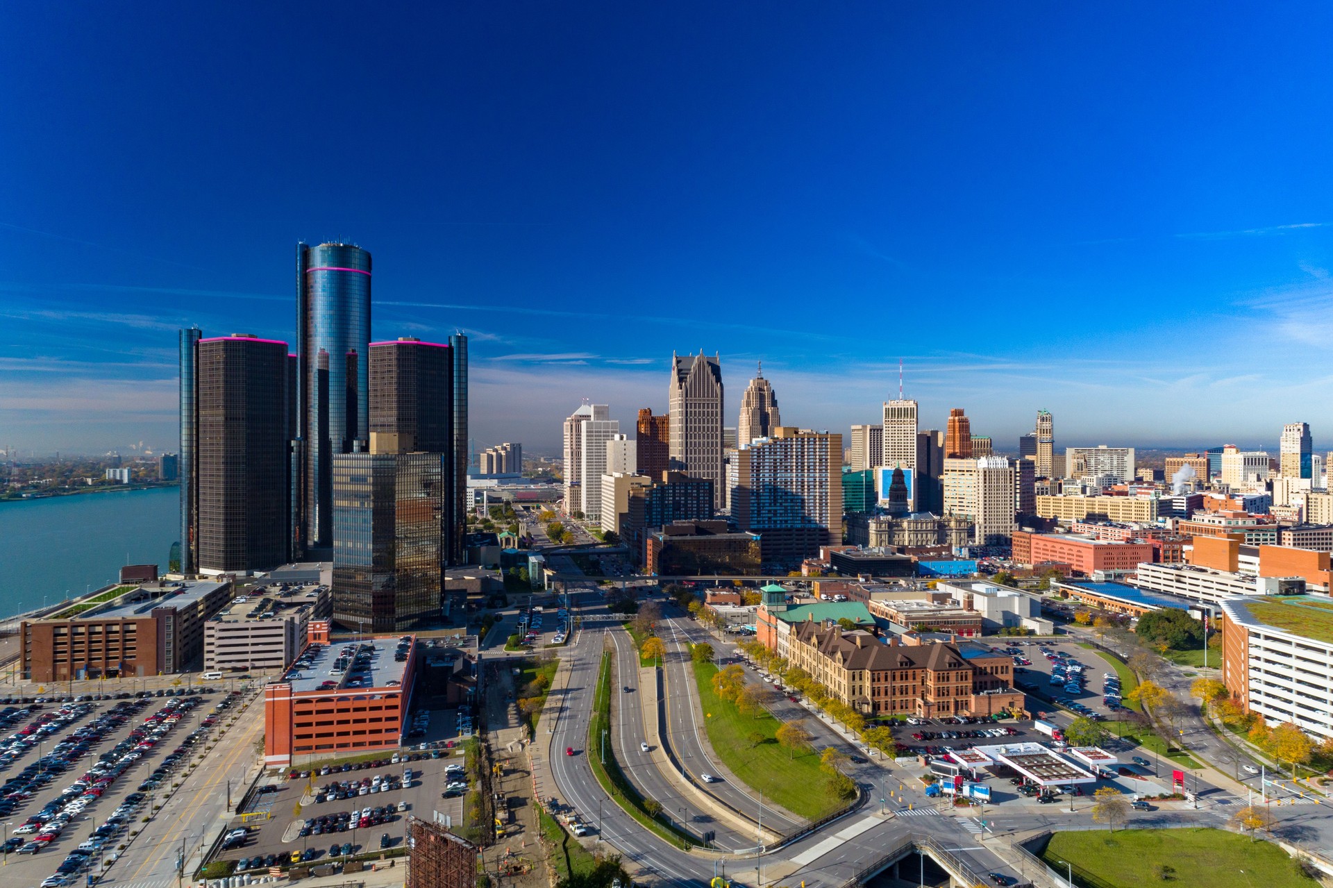 Detroit Downtown Skyline with Highway and River